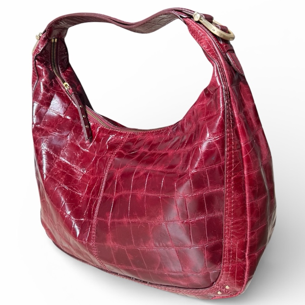 Red Croc Embossed Genuine Leather Hobo Shoulder Bag Y2K Vintage